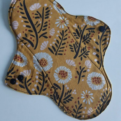 Serviette hygiénique en coton bio lavable Fleurs Moutardes - Maxi - 26,8 cm
