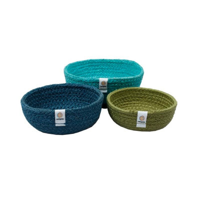 Trio de corbeilles gigognes en fibres recyclées bleu et vert